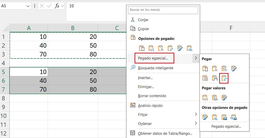 Ejemplo de tabla transpuesta en excel
