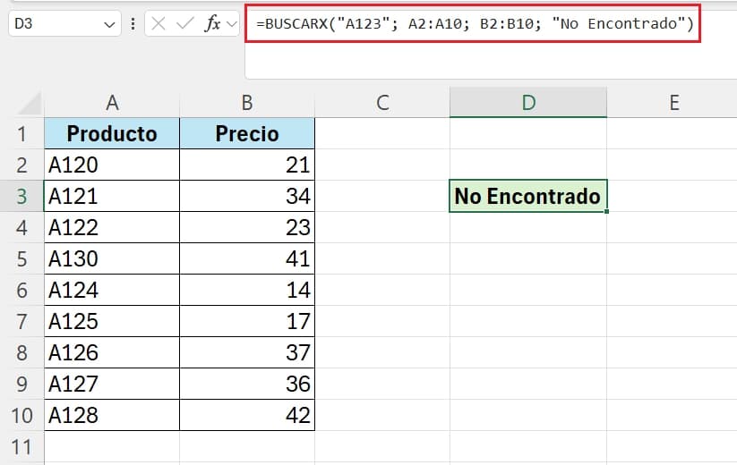 ejemplo de función buscarx con valor no encontrado