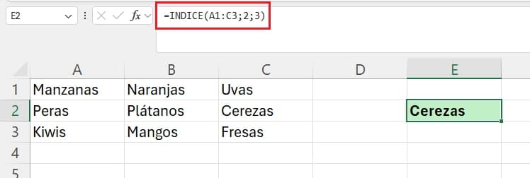 ejemplo de función índice en excel