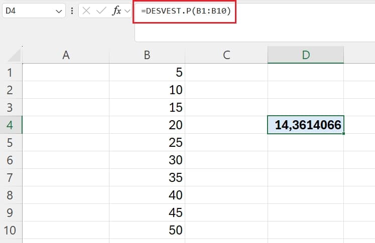 Ejemplo de Desviación Estándar en Excel con la función DESVEST.P