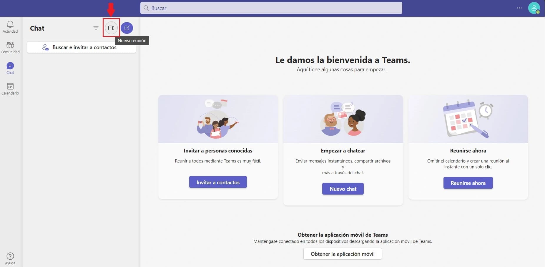 Pantalla de Inicio de Microsoft Teams