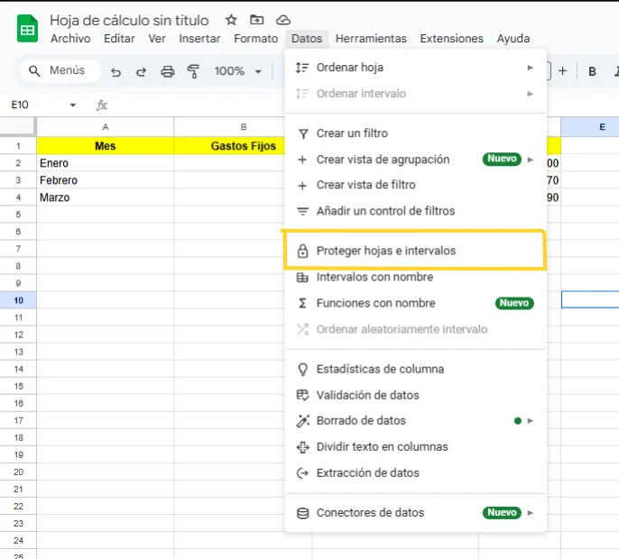 ejemplo proteger celda en google sheets