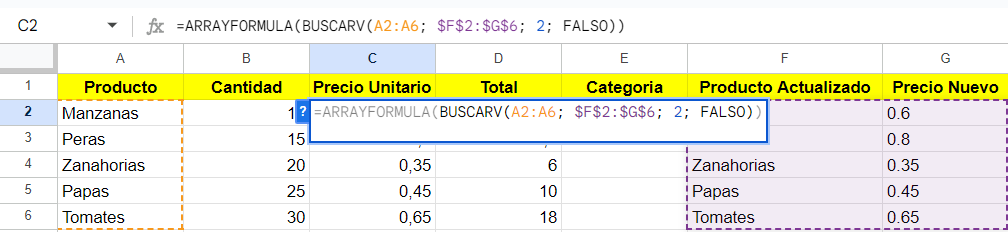 ejemplo de arrayformula con vlookup