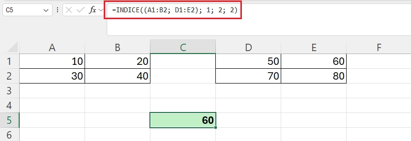 ejemplo de la función índice en forma de referencia en excel