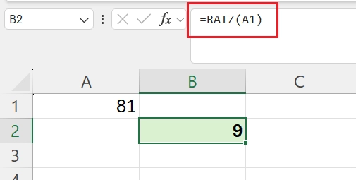 Ejemplo de Raíz cuadrada usando referencia de celda en excel