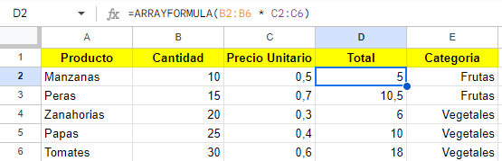 ejemplo de arrayformula en google sheets