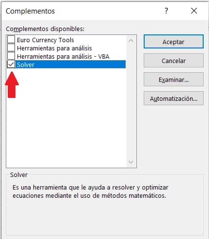 Cuarto paso para activar SOLVER en Excel