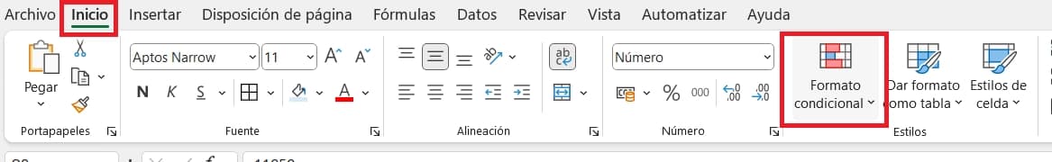 Formato Condicional en barra de herramientas de excel