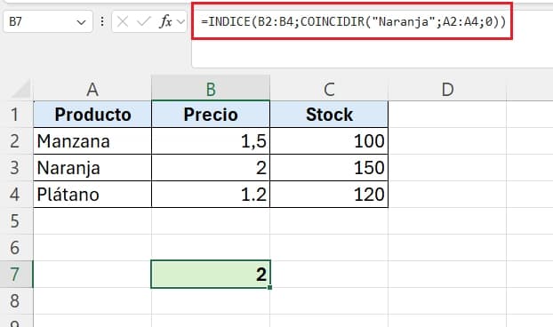 ejemplo de funciones indice y coincidir en excel