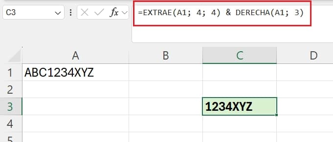 función extrae + función derecha de excel