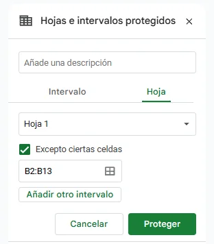 ejemplo proteger una hoja completa en Google Sheets