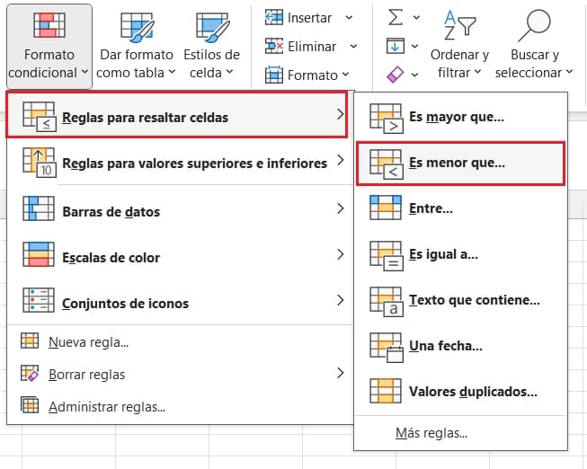 Regla 'es menor que' en excel