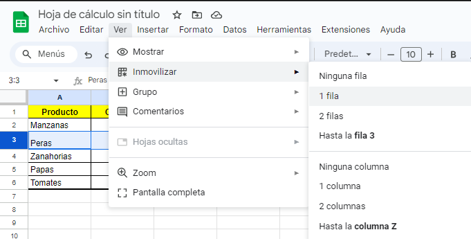 Ejemplo de inmovilizar fila