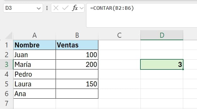 ejemplo de uso de la función CONTAR en excel