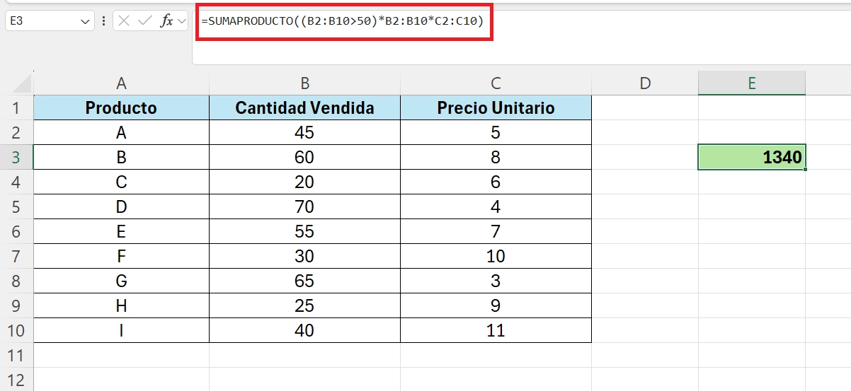 ejemplo de cálculos con criterios específicos con sumaproducto en excel