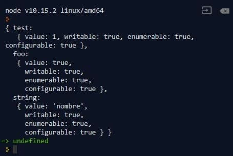 Salida de código Javascript en la consola, object.getOwnPropertyDescriptors()