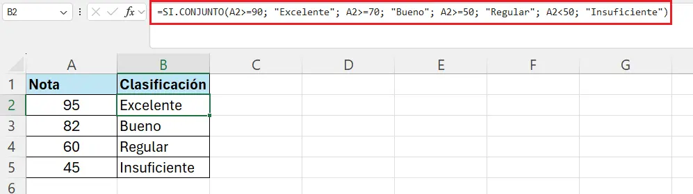 ejemplo de uso de la función si.conjunto en excel