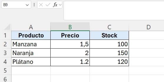 Ejemplo de tabla de datos