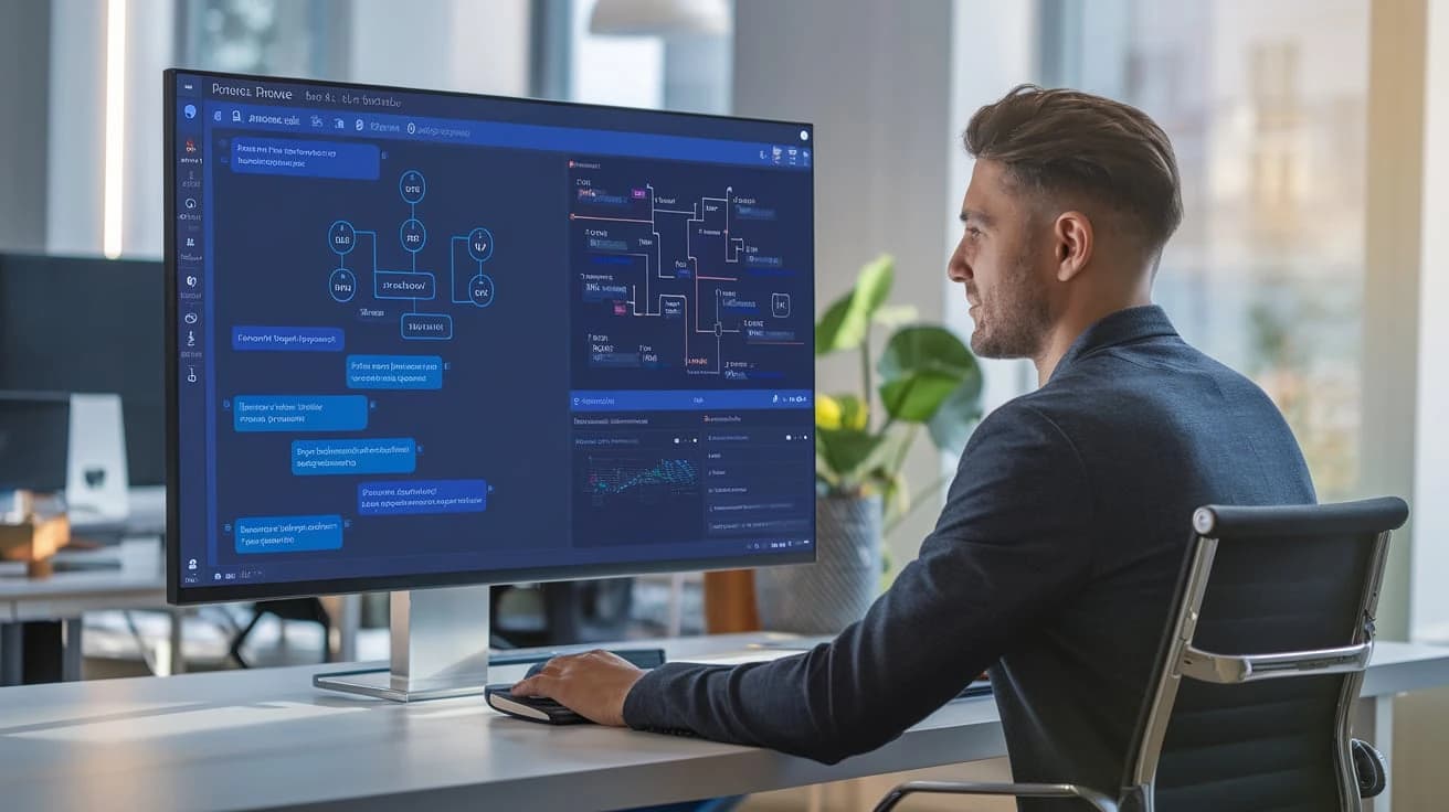hombre trabajando con Microsoft Power Virtual Agents