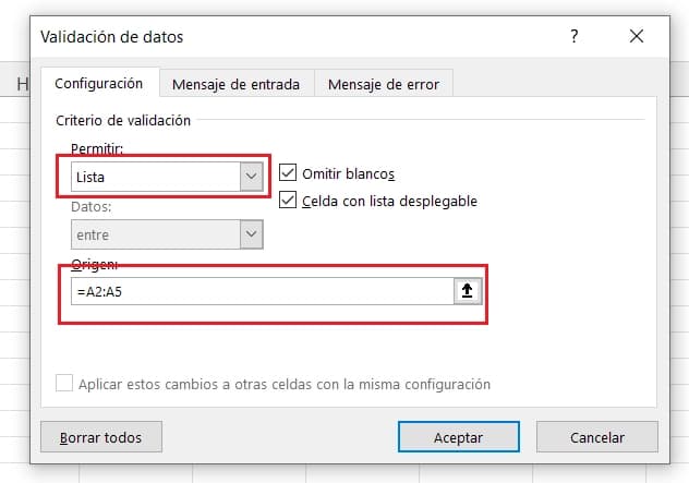 Configuracion en Cuadro de Validación de Datos