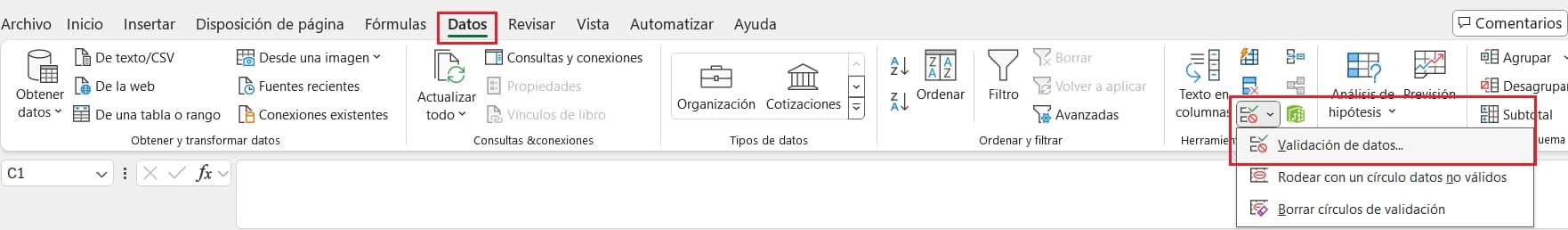 Validación de Datos en Barra de Herramientas