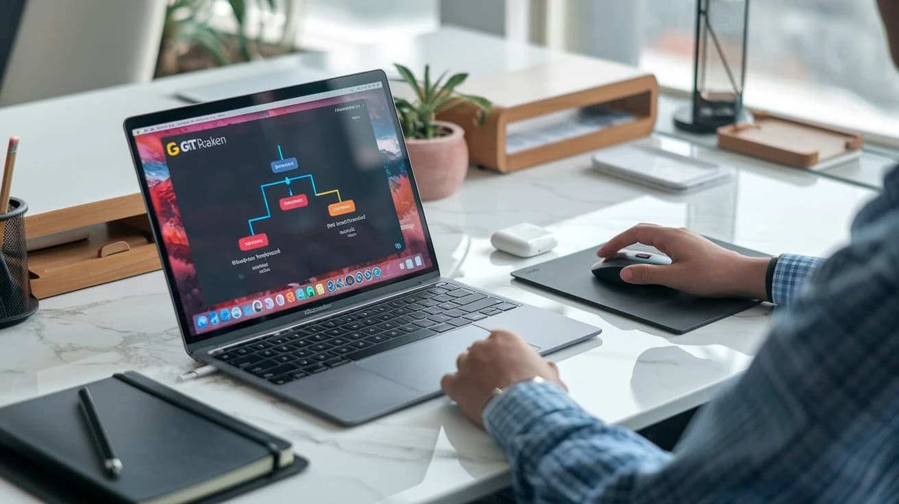 trabajador usando gitkraken y gitflow