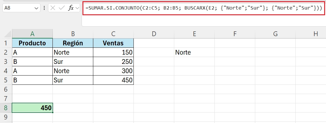 ejemplo funciones sumar.si.conjunto y buscarx en excel