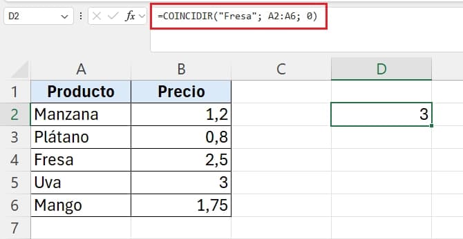 Ejemplo de encontrar la posición del producto