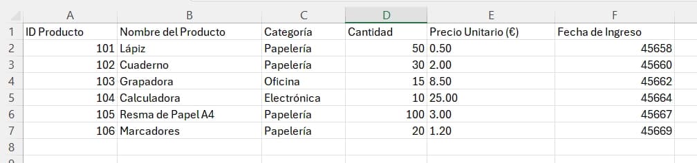 tabla en rango de datos y sin formato visual