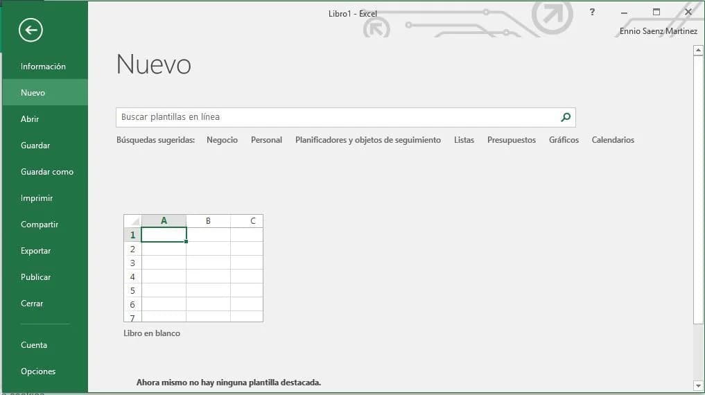 Vista inicial de Microsoft Excel