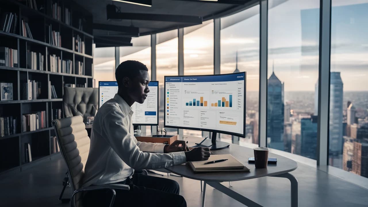 Trabajador utilizando Power BI Report Builder para almacenar datos