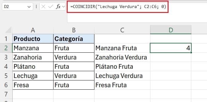 Resultado del ejemplo avanzado de función coincidir