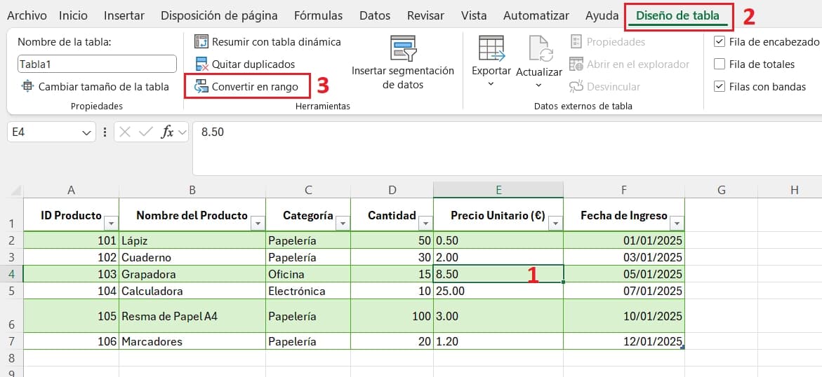 Quitar formato tabla en excel