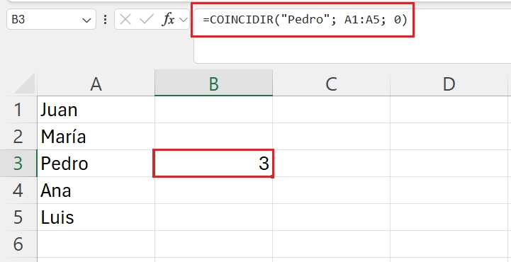 Ejemplo de función coincidir en excel