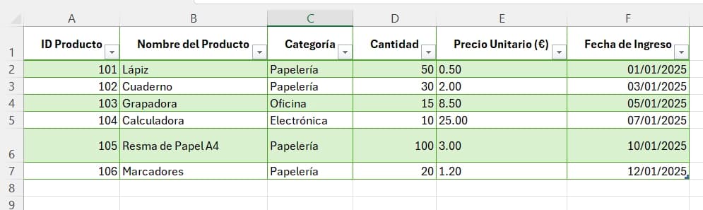ejemplo de tabla en Excel