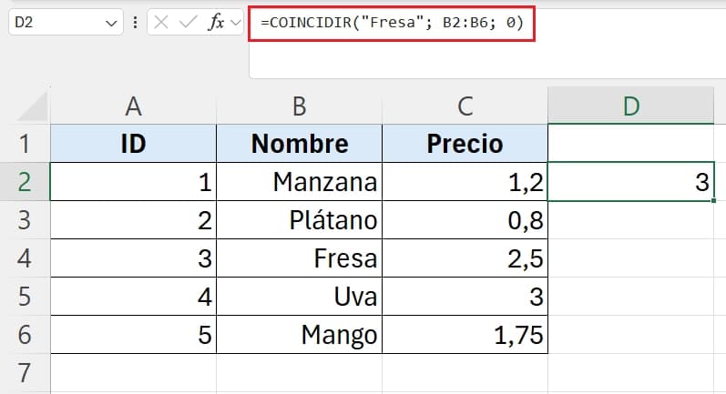 uso de función coincidir en excel